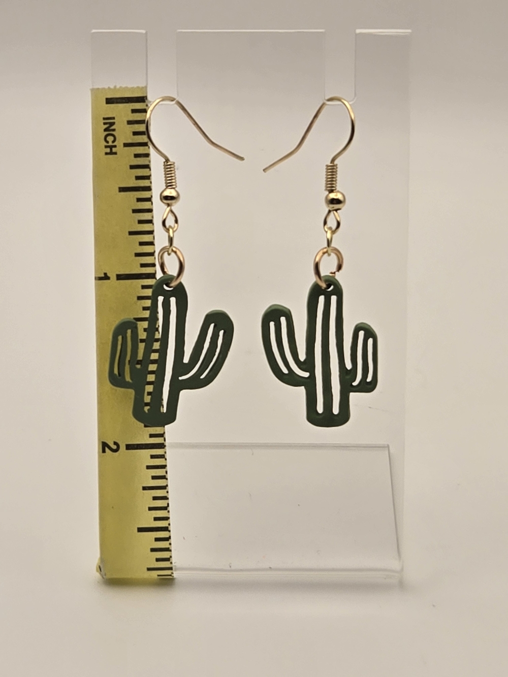 Gold Hook Green Cactus Dangle Earrings